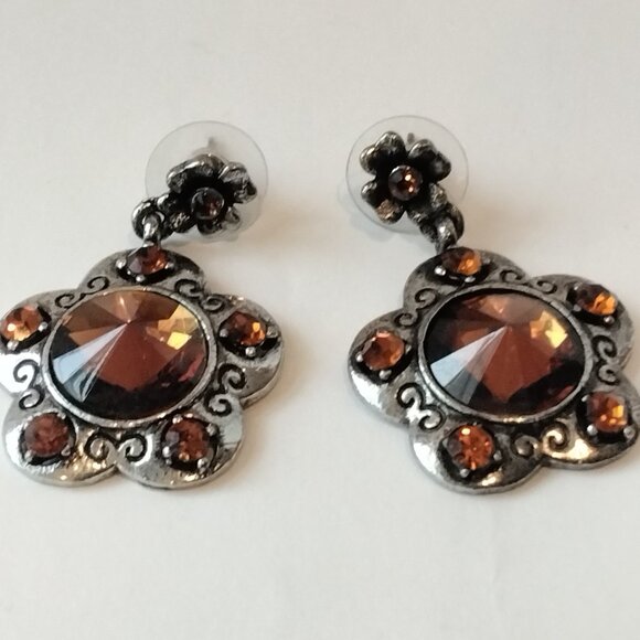 Amber Glass Dangle Earrings on Silver Embossed Metal for Pierced Ears - Picture 1 of 3